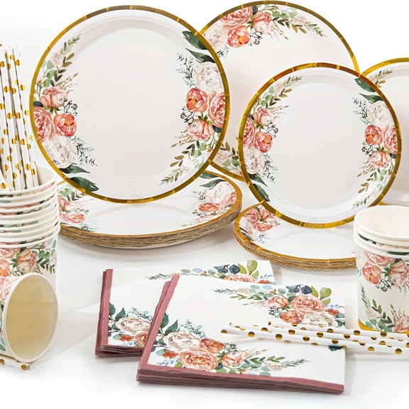 125pc Light Pink Flower Disposable Tableware Set - Hawaiian Flower Dinner Plates Snack Plates Paper Cups Straws Napkins for 25 Guests, Perfect for Weddings Birthdays Holiday Parties