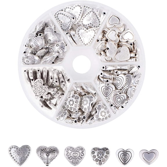 125pcs 6 Style Heart Spacer Beads Tibetan Alloy Antique Sweet Heart Metal Beads for Valentine's Day Mother's Day Thanksgiving Bracelet Jewelry Making