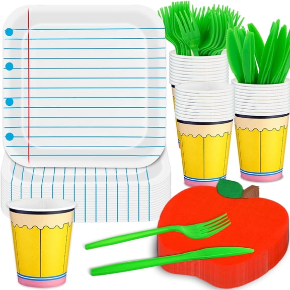 125Pcs Back to School Decorations Notebook Paper Plates Apple Napkins First Day of School Party Supplies Disposable Dinnerware Set for Preschool Kindergarten Teacher Party (Serves 25 Guests)