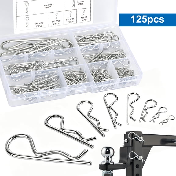 125pcs Cotter Pins, R-Clip Cotter Pin Assortment Kit, Heavy Duty Stainless Steel Hairpin Clips, Spring Fasteners Hitch Pin for Trailer Locking, Lawn Mowers, Trucks, Mechanics