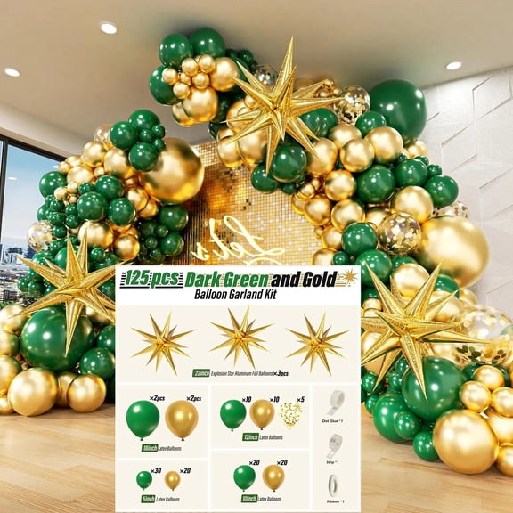 125pcs Dark Green Gold Balloon Kit, Different Sizes Pack for Birthday Graduation Baby Shower Valentines Christmas Wedding Party Decorations，Style 5