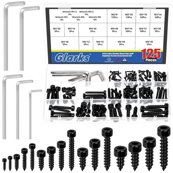 125pcs M2/M3/M4/M5/M6 Black Hex Socket Head Cap Self-Tapping Screw Kit, 120pcs 16 Sizes Hexagon Socket Head Cap Wood Screws, 5pcs 5 Sizes Hex Wrench for Construction Carpentry