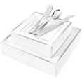 thumbnail image 1 of 125pcs Silver Christmas Plastic Plates with Disposable Plastic Silverware-Silver Rim Square Plastic Dinnerware include 25 Dinner Plates,25 Salad Plates,25 Forks, 25 Knives, 25 Spoons, 1 of 13