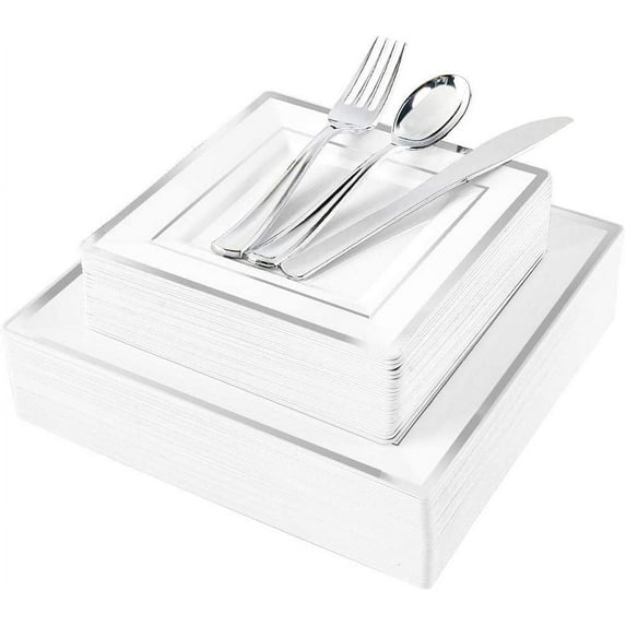 125pcs Silver Christmas Plastic Plates with Disposable Plastic Silverware-Silver Rim Square Plastic Dinnerware include 25 Dinner Plates,25 Salad Plates,25 Forks, 25 Knives, 25 Spoons