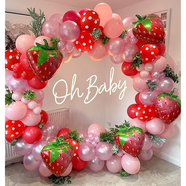 Strawberry Happy Birthday Glitter Banner - Red & Gold Berry Theme Decoration For 1st, 2nd, 3rd Birthdays