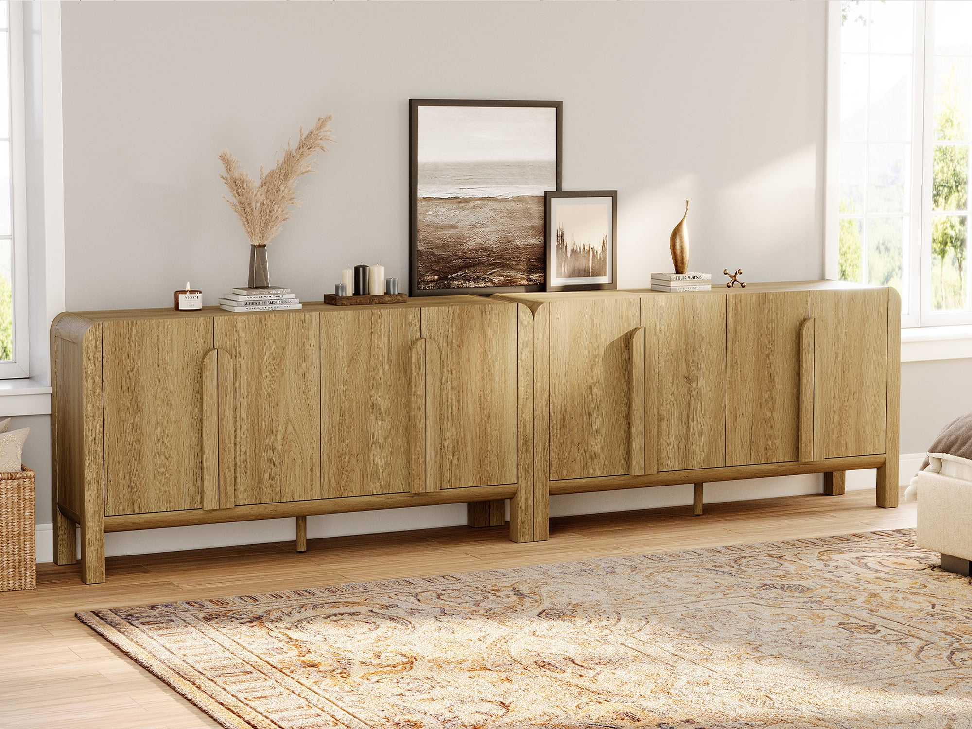126" Accent Cabinet with 8 Doors and Adjustable Shelves, Modern Credenza Storage Cabinet with Curved Profile Design for Living Room, Kitchen, Dining Room, Hallway