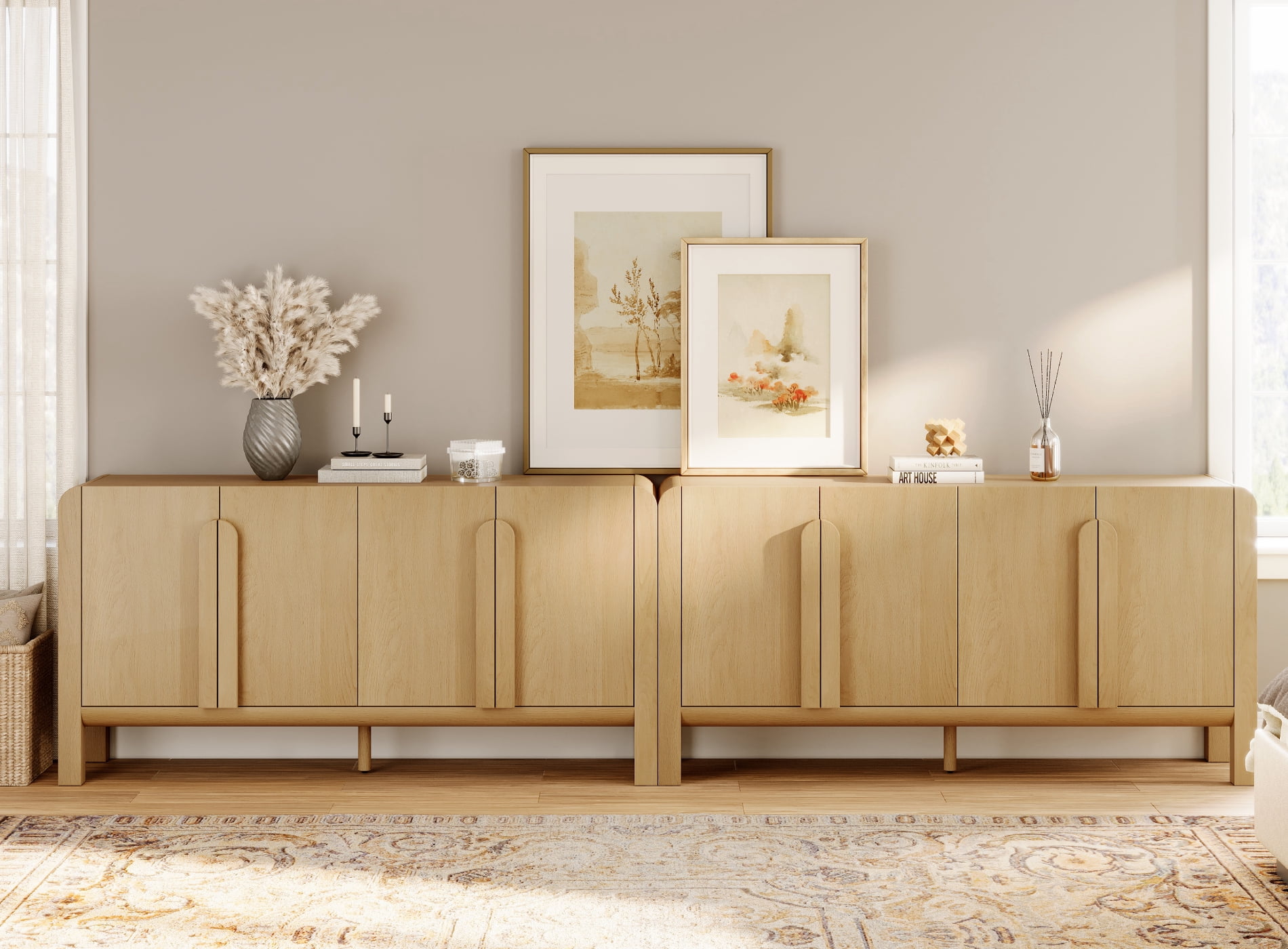 126" Accent Cabinet with 8 Doors and Adjustable Shelves, Modern Credenza Storage Cabinet with Curved Profile Design for Living Room, Kitchen, Dining Room, Hallway