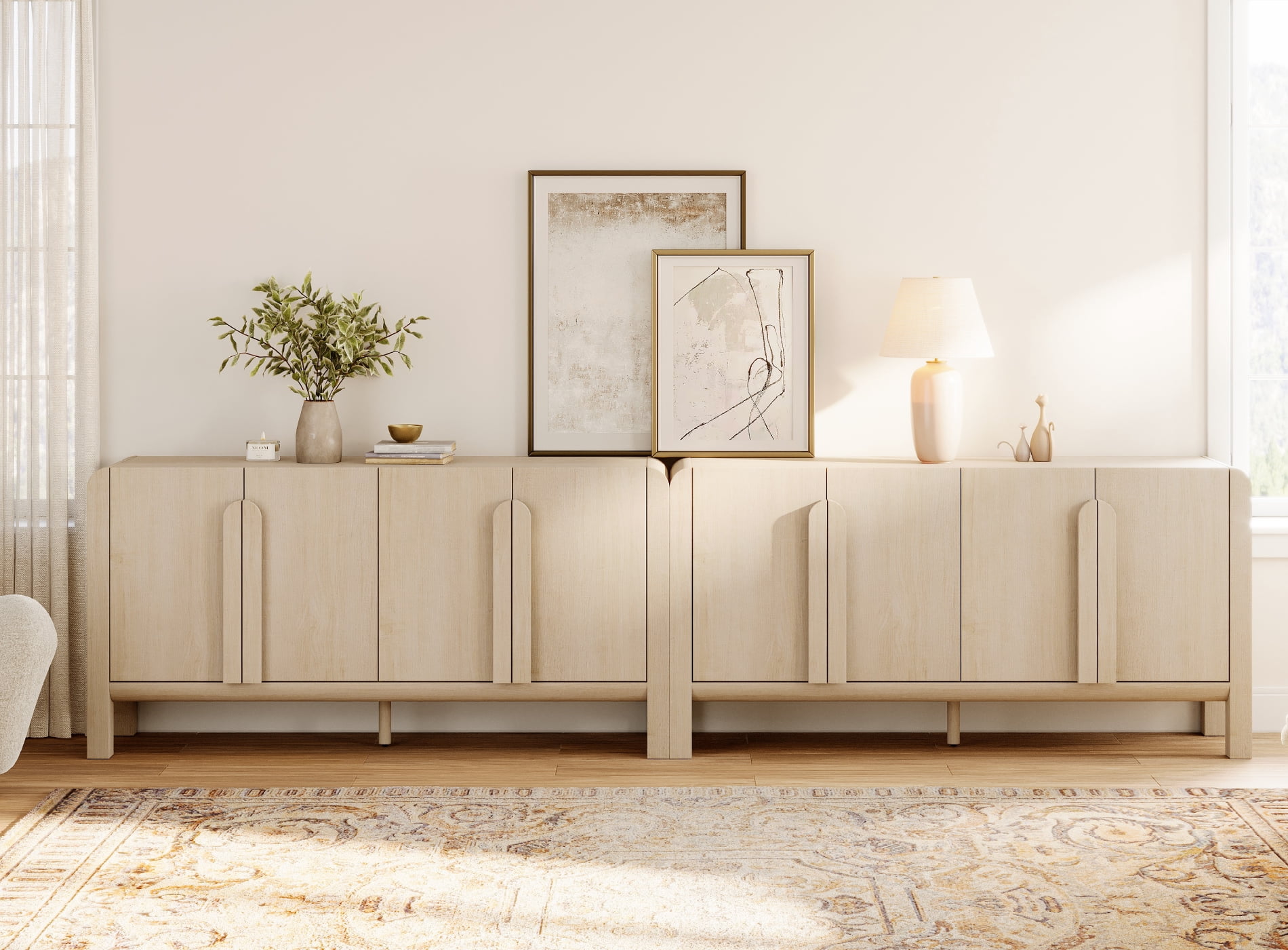 126" Accent Cabinet with 8 Doors and Adjustable Shelves, Modern Credenza Storage Cabinet with Curved Profile Design for Living Room, Kitchen, Dining Room, Hallway