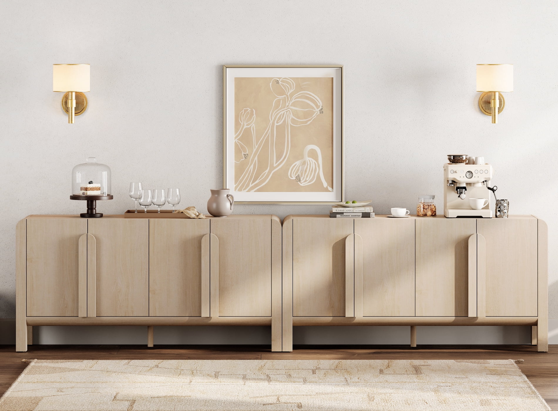 126" Accent Cabinet with 8 Doors and Adjustable Shelves, Modern Credenza Storage Cabinet with Curved Profile Design for Living Room, Kitchen, Dining Room, Hallway
