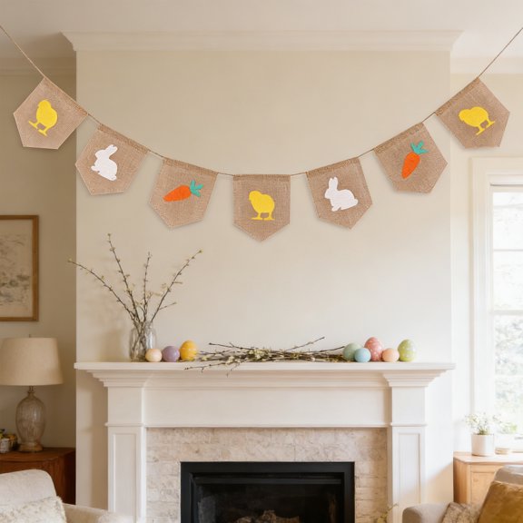 126" Easter Banner Burlap Bunny Chick Carrot Garland Happy Easter Day Decoration for Fireplace Home Decor Spring Theme Party Supplies Photo Props