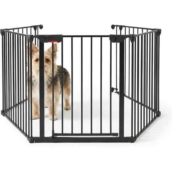 126 In 5-Panel Folding Metal Dog Gate with Walk-Through Door Freestanding Black
