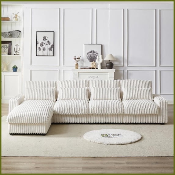 126-Inch Corduroy L-Shaped Sofa with Cup Holder & USB Ports - Modern Comfort for Living Room