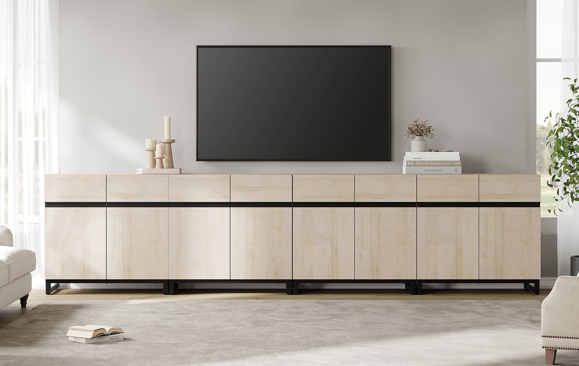 126 Inch Modern TV Stand for TVs up to 120 Inch, 4 Packs Wood Entertainment Center with Storage Doors, Adjustable Shelves and Heavy-Duty Metal Base, Long Media Console Table for Living Room,Beige