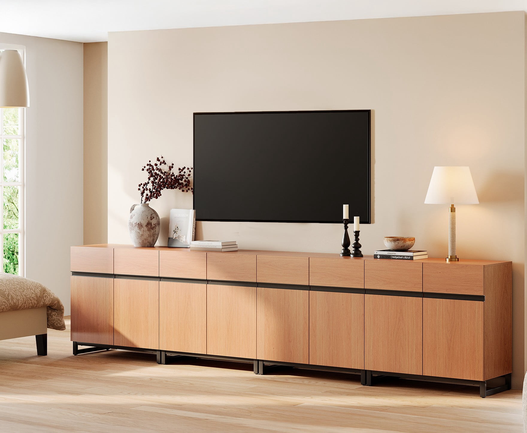 126 Inch Modern TV Stand for TVs up to 120 Inch, 4 Packs Wood Entertainment Center with Storage Doors, Adjustable Shelves and Heavy-Duty Metal Base, Long Media Console Table for Living Room,Mocha