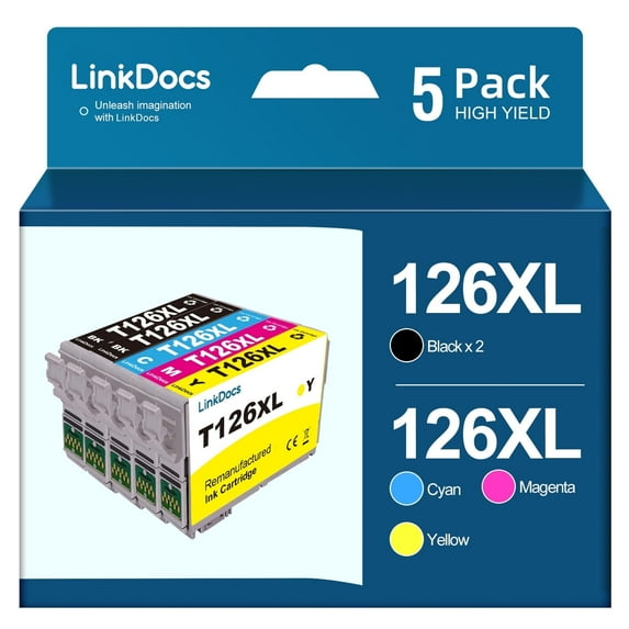LinkDocs Ink Cartridges Replacement for Epson 126 T126 used with Epson Workforce 435 520 545 635 645 WF-3520 WF-3530 WF-3540 WF-7010 WF-7510 WF-7520 Stylus NX430 Printer 5 Pack