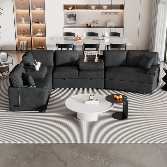 126" L-shaped Sofa Sectional Sofa Couch Pull-out Sofa Bed with Charging Devices and Cup Holders for Living Room (Blue)