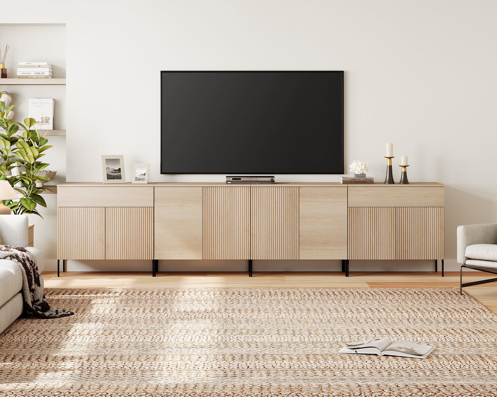 126" Long Modern Reeded Dresser TV Stand with Adjustable Sheves, Entertainment Center with Drawers, Wooden TV Console with Storage for Living Room