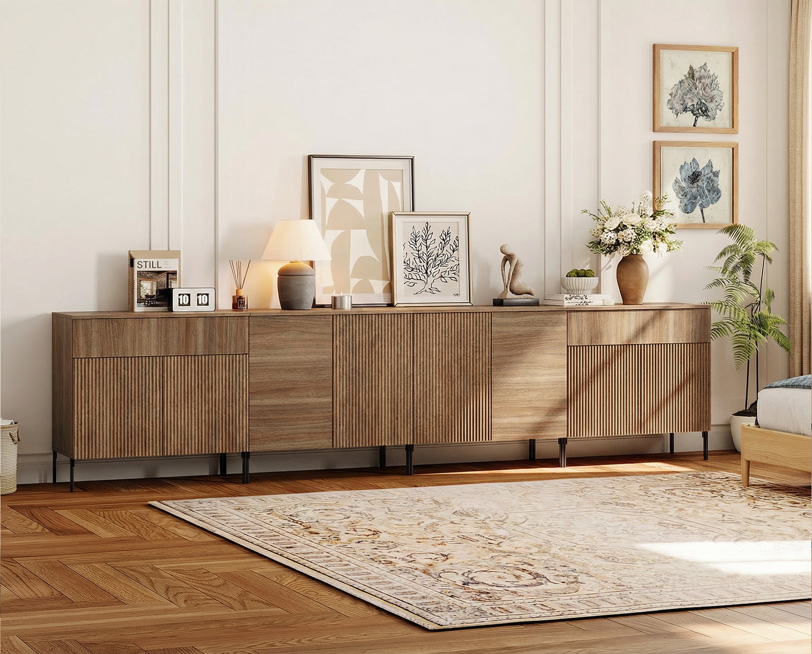 126" Long Modern Reeded Dresser TV Stand with Adjustable Sheves, Entertainment Center with Drawers, Wooden TV Console with Storage for Living Room