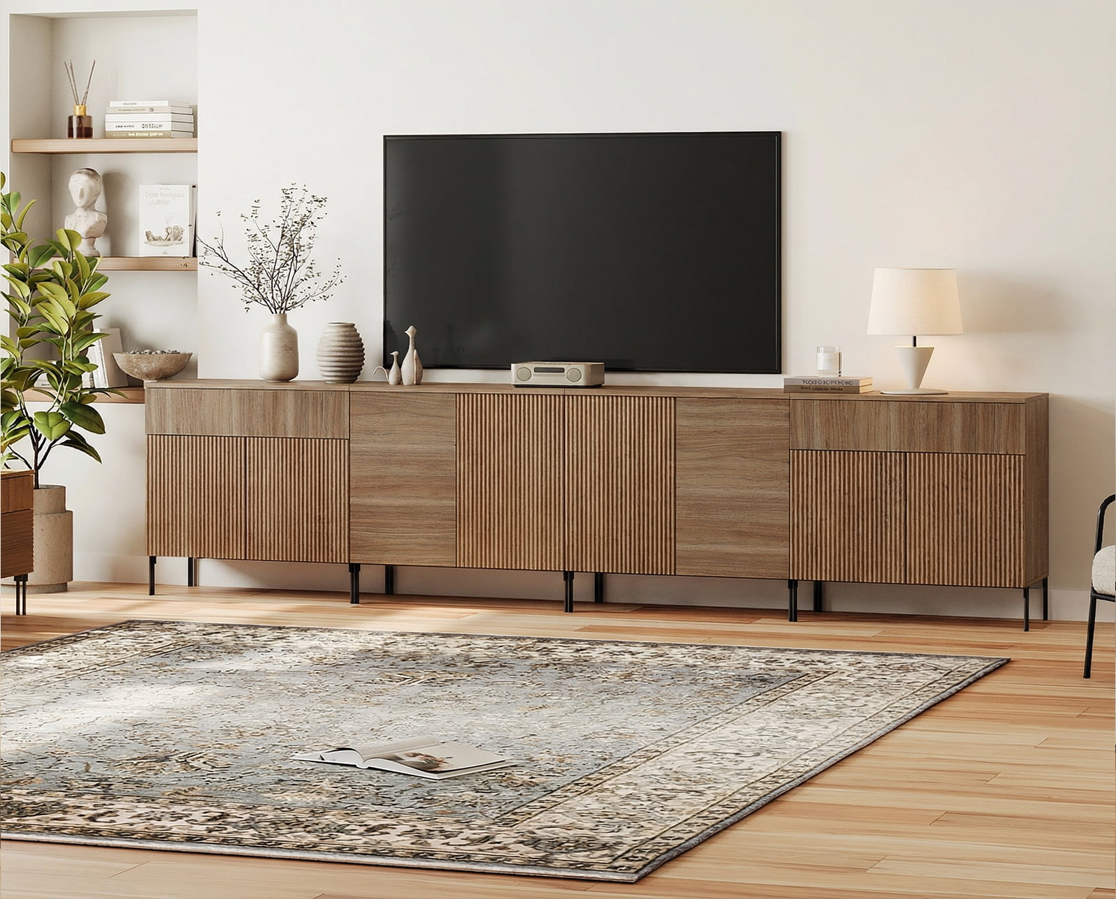 126" Long Modern Reeded Dresser TV Stand with Adjustable Sheves, Entertainment Center with Drawers, Wooden TV Console with Storage for Living Room