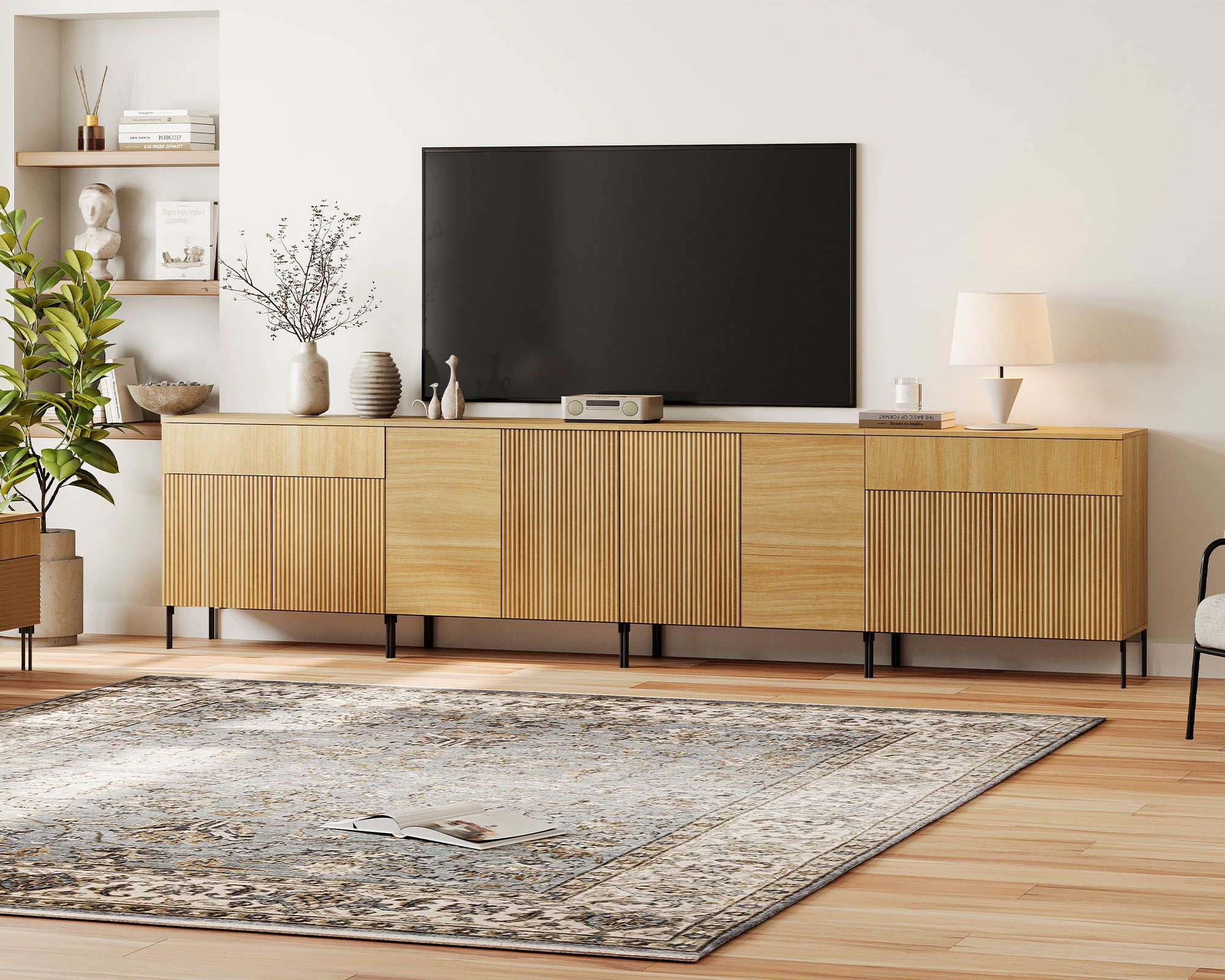 126" Long Modern Reeded Dresser TV Stand with Adjustable Sheves, Entertainment Center with Drawers, Wooden TV Console with Storage for Living Room