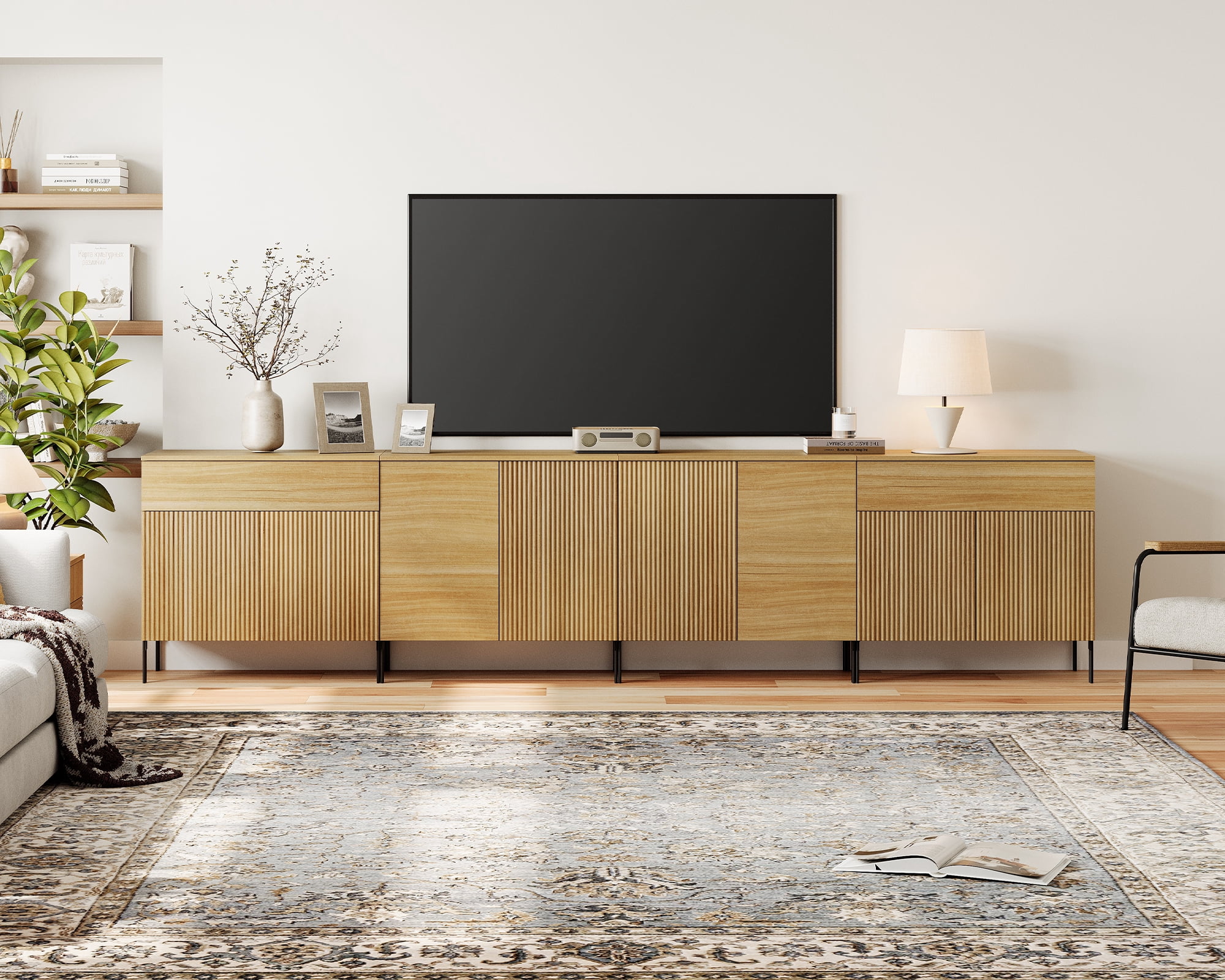 126" Long Modern Reeded Dresser TV Stand with Adjustable Sheves, Entertainment Center with Drawers, Wooden TV Console with Storage for Living Room
