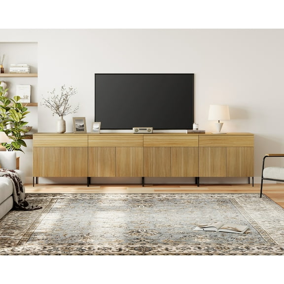 126" Long Modern Reeded TV Stand with Doors, Entertainment Center with Shelf, Wooden TV Console with Drawers for Living Room