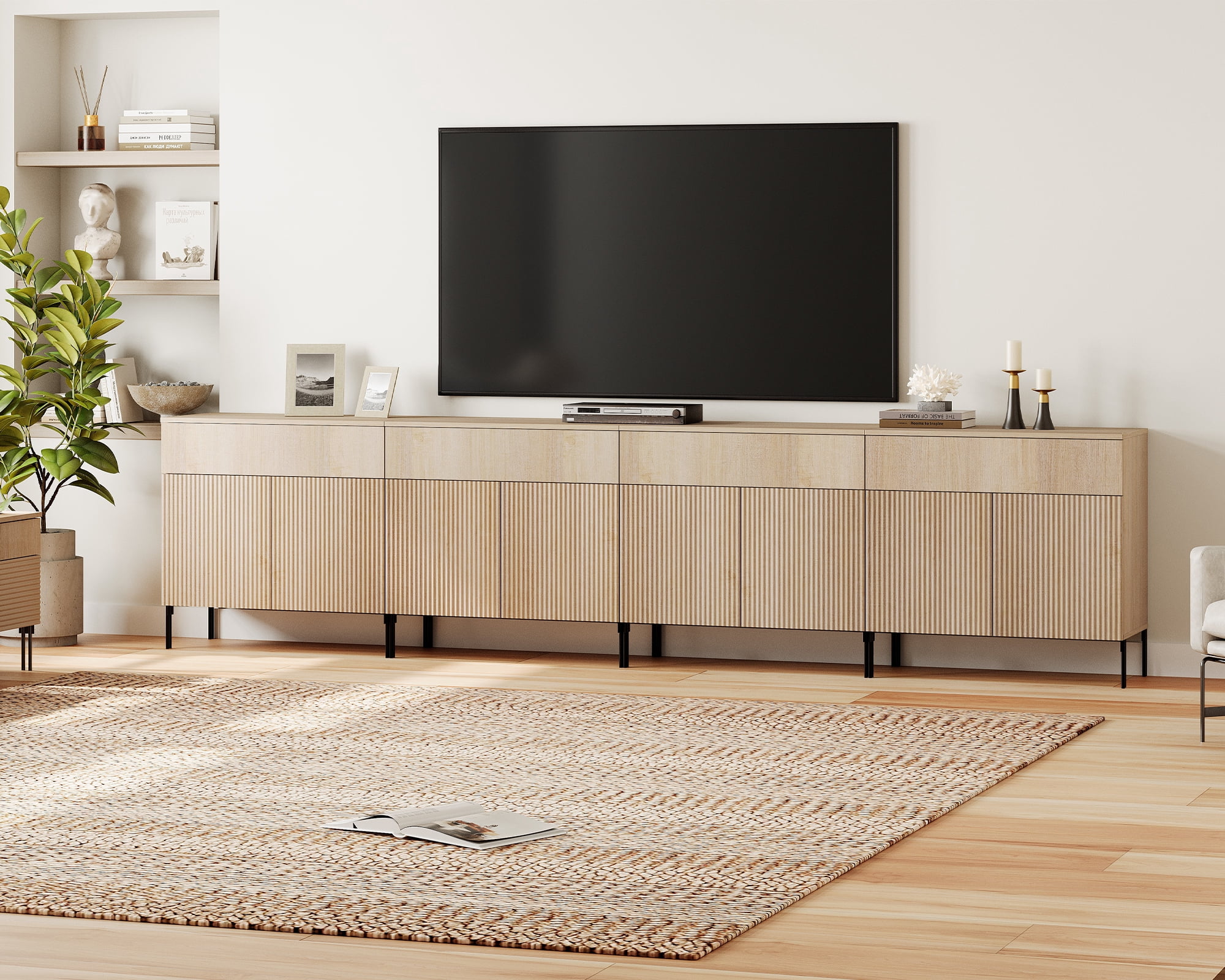 126" Long Modern Reeded TV Stand with Doors, Entertainment Center with Shelf, Wooden TV Console with Drawers for Living Room