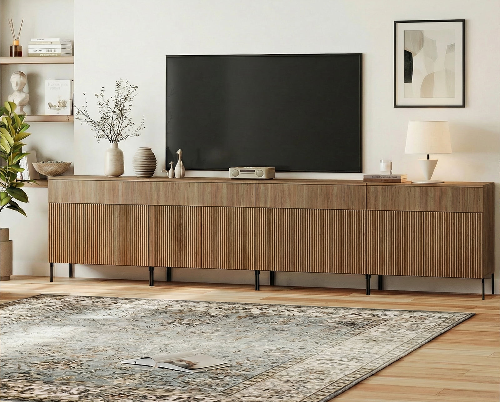 126" Long Modern Reeded TV Stand with Doors, Entertainment Center with Shelf, Wooden TV Console with Drawers for Living Room