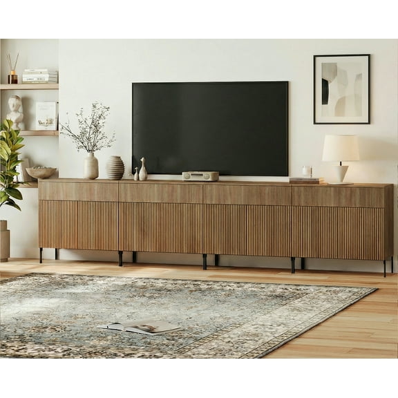 126" Long Modern Reeded TV Stand with Doors, Entertainment Center with Shelf, Wooden TV Console with Drawers for Living Room