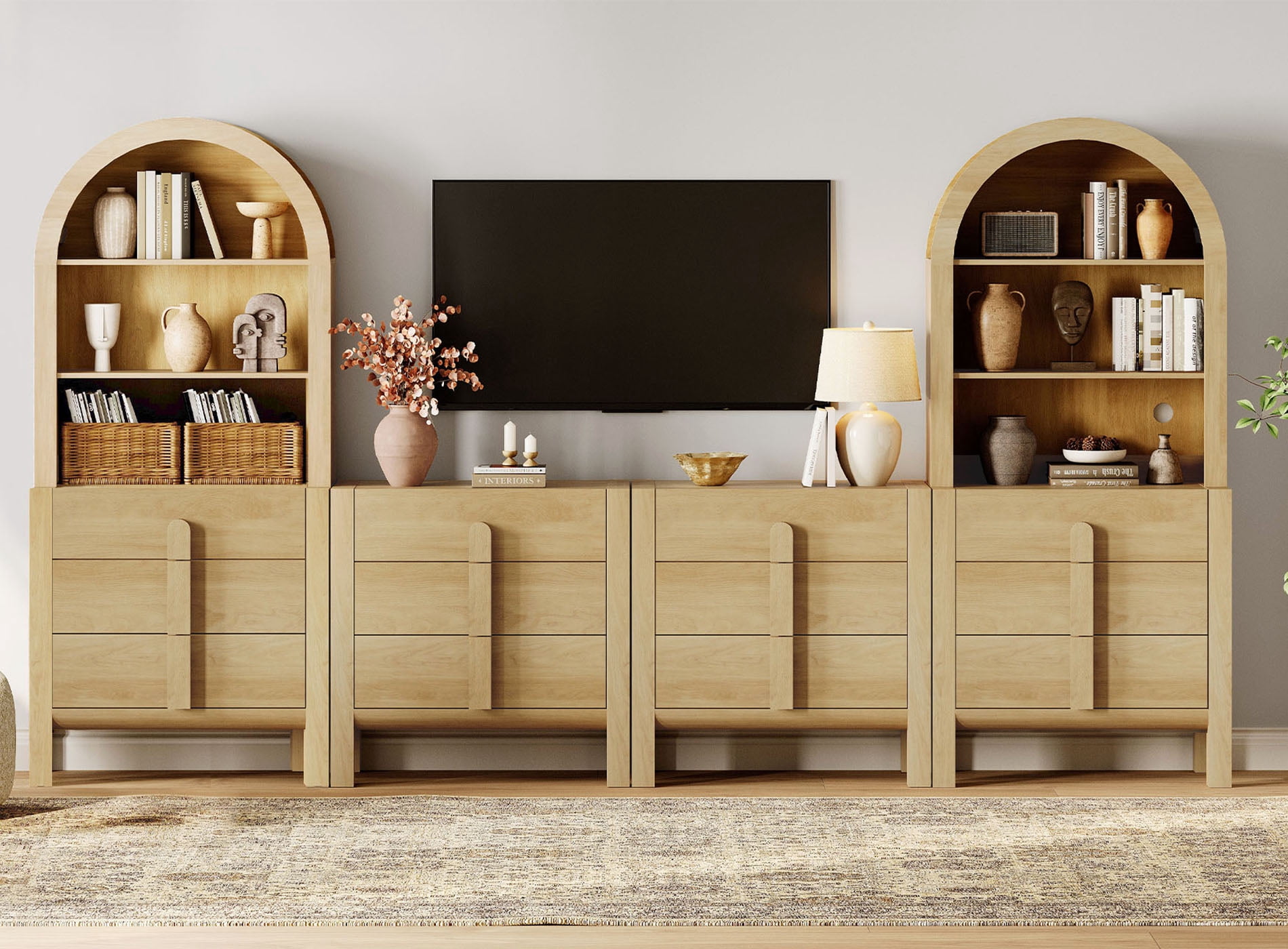 126" Mid-Century Modern TV Stand with Bookshelves for Tvs Up to 70", Large Entertainment Center with Storage Cabinet, TV Console with 12 Drawers For Living Room, Bedroom