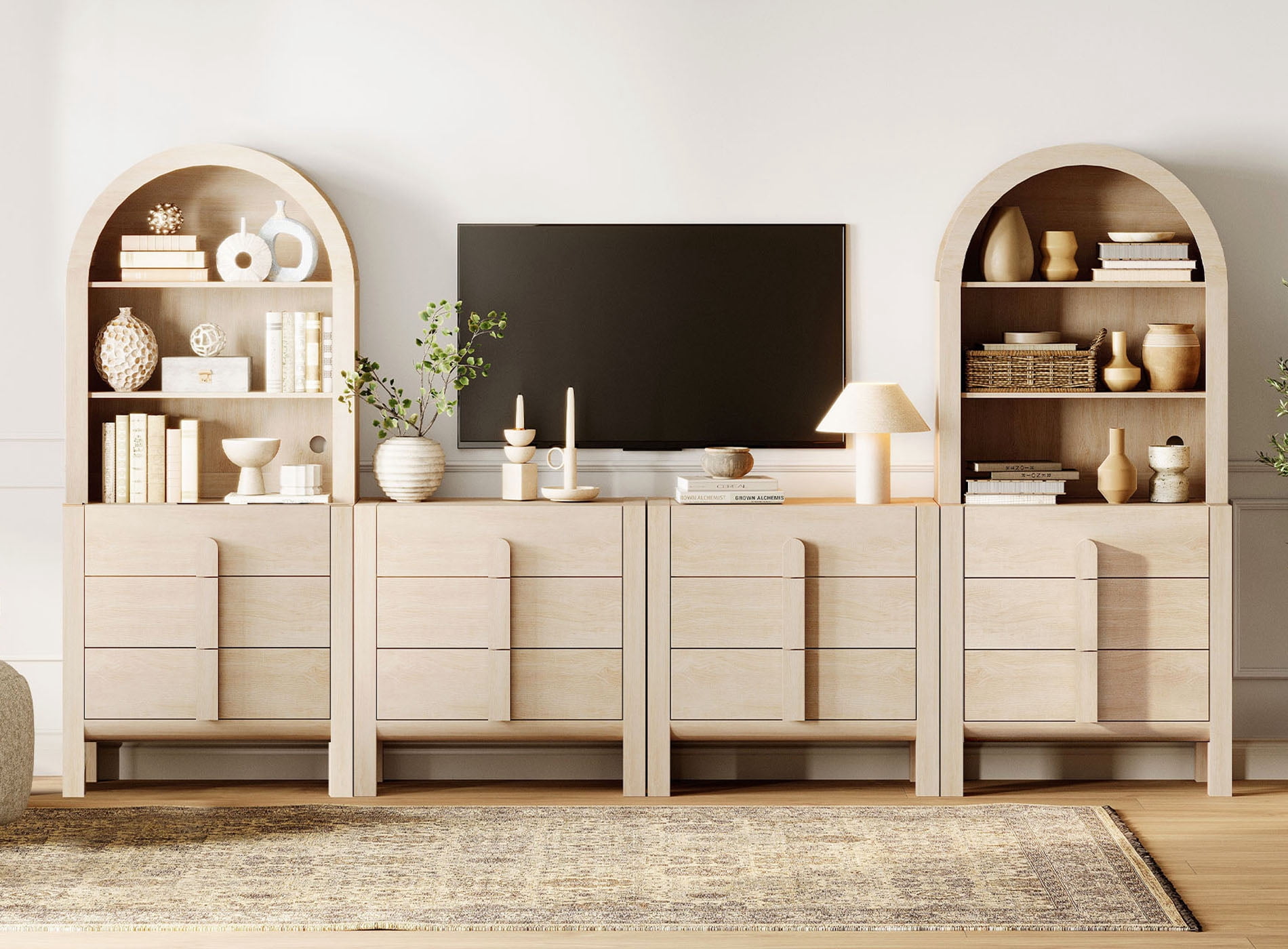 126" Mid-Century Modern TV Stand with Bookshelves for Tvs Up to 70", Large Entertainment Center with Storage Cabinet, TV Console with 12 Drawers For Living Room, Bedroom