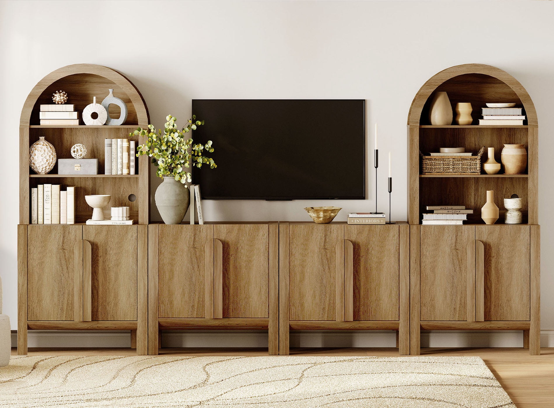 126" Mid-Century Modern TV Stand with Bookshelves for Tvs Up to 70", Large Entertainment Center with Storage Cabinet, TV Console with Doors For Living Room, Bedroom