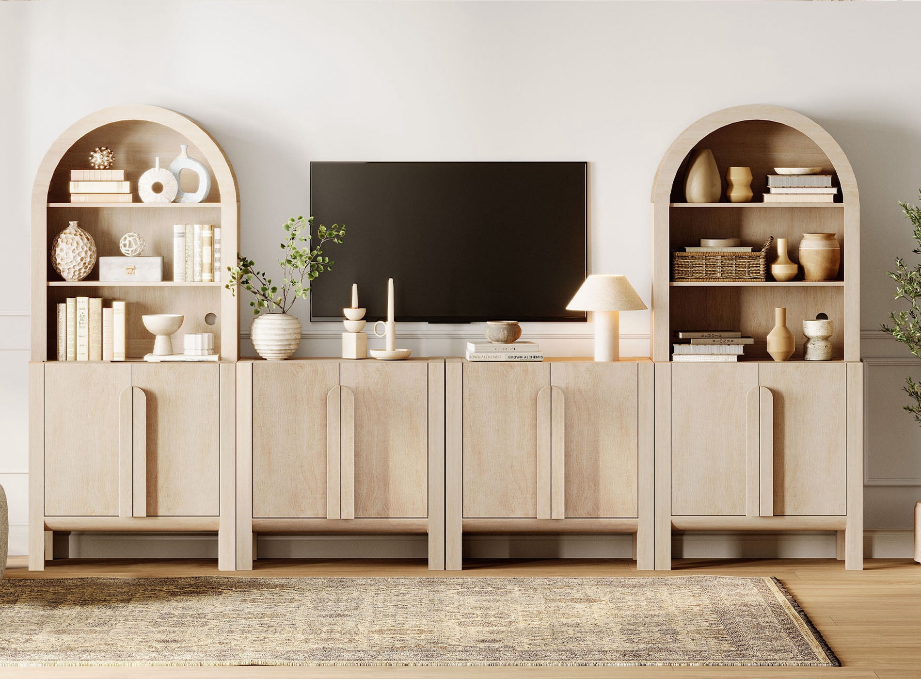 126" Mid-Century Modern TV Stand with Bookshelves for Tvs Up to 70", Large Entertainment Center with Storage Cabinet, TV Console with Doors For Living Room, Bedroom