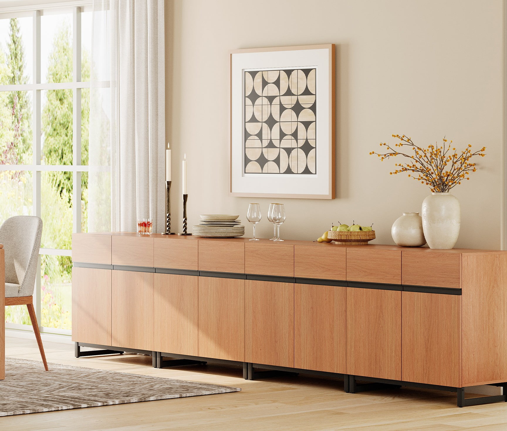 126" Modern 4-in-1 Multifunctional Sideboard Buffet with Adjustable Shelf & Metal Base, Wood Grain,Mocha