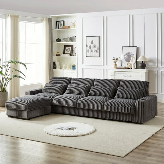 126" Modern Corduroy Large L-Shaped Sofa, with Movable Footrest, USB Port, Type-C Port, Cup Holder, 4 Waist Pillows & 4 Back Cushion, 4 Available Color