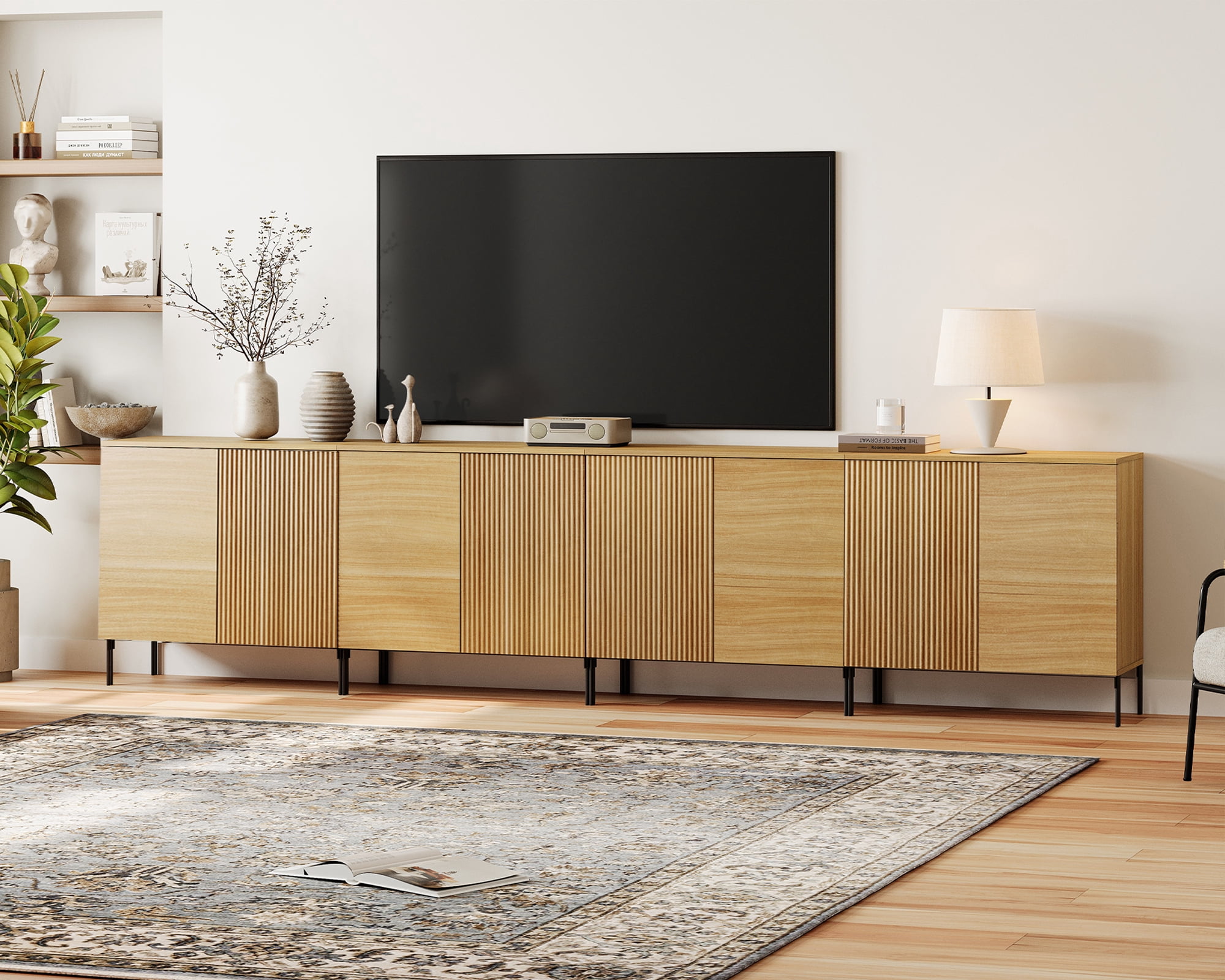 126" Modern Fluted TV Stand with 8 Doors, Entertainment Center with Adjustable Shelf, Wooden TV Console with Storage for Living Room