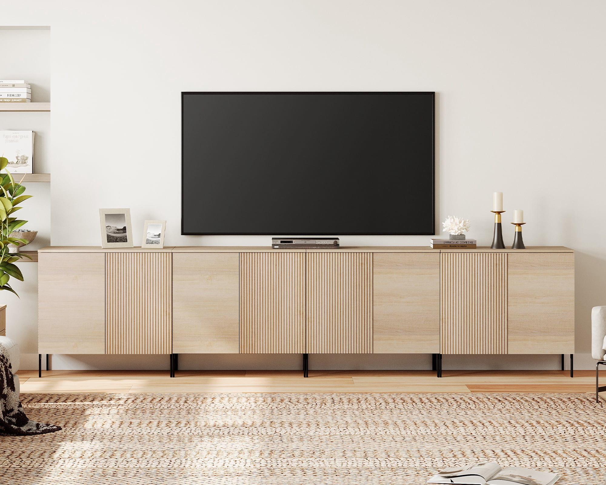 126" Modern Fluted TV Stand with 8 Doors, Entertainment Center with Adjustable Shelf, Wooden TV Console with Storage for Living Room