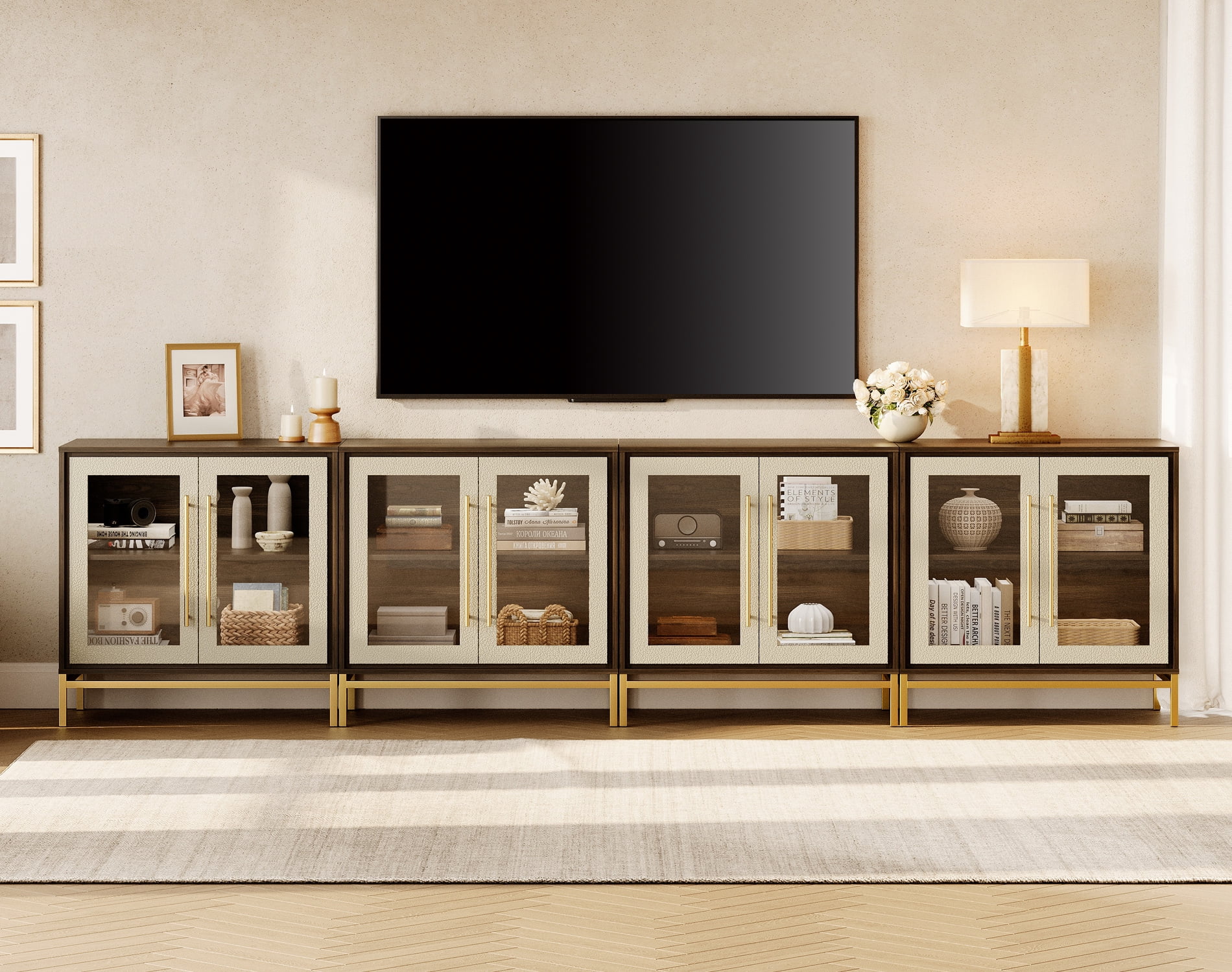 126" Modern Glass Leather-Textured Door TV Stand for TVs ups to 100"