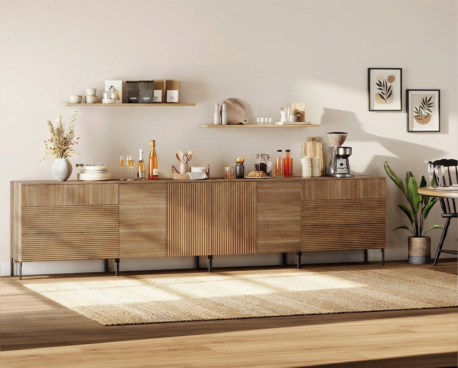 126" Modern Reeded 4-Door Sideboard with Drawers, 4-In-1 Wooden Credenza Storage Cabinet for Kitchen, Dining Room