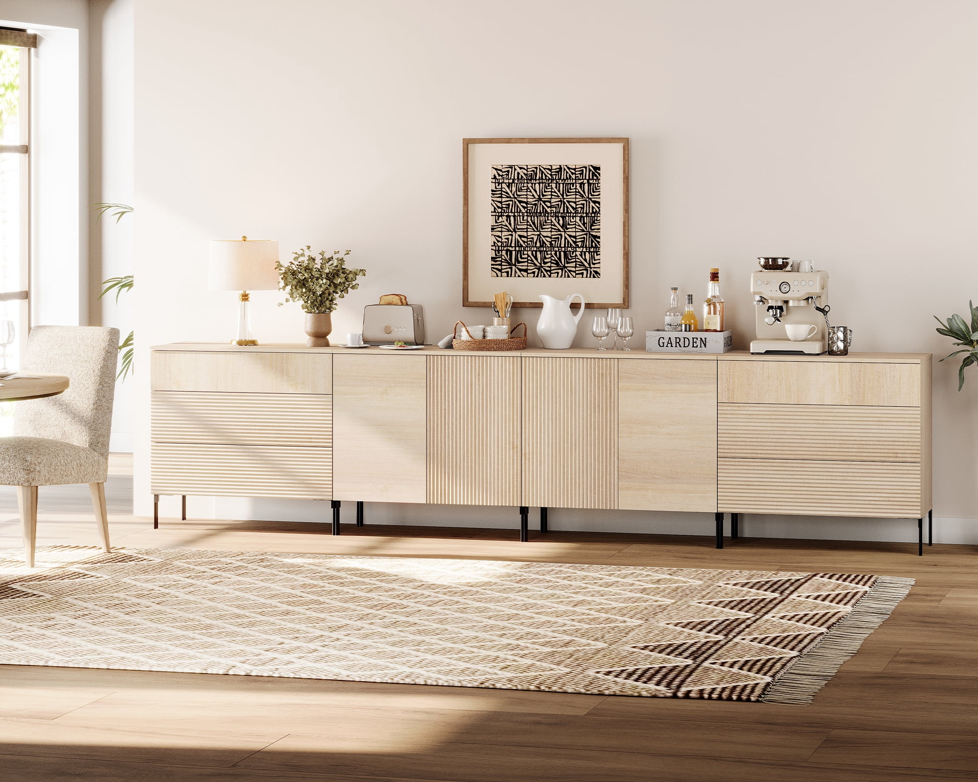 126" Modern Reeded 4-Door Sideboard with Drawers, 4-In-1 Wooden Credenza Storage Cabinet for Kitchen, Dining Room