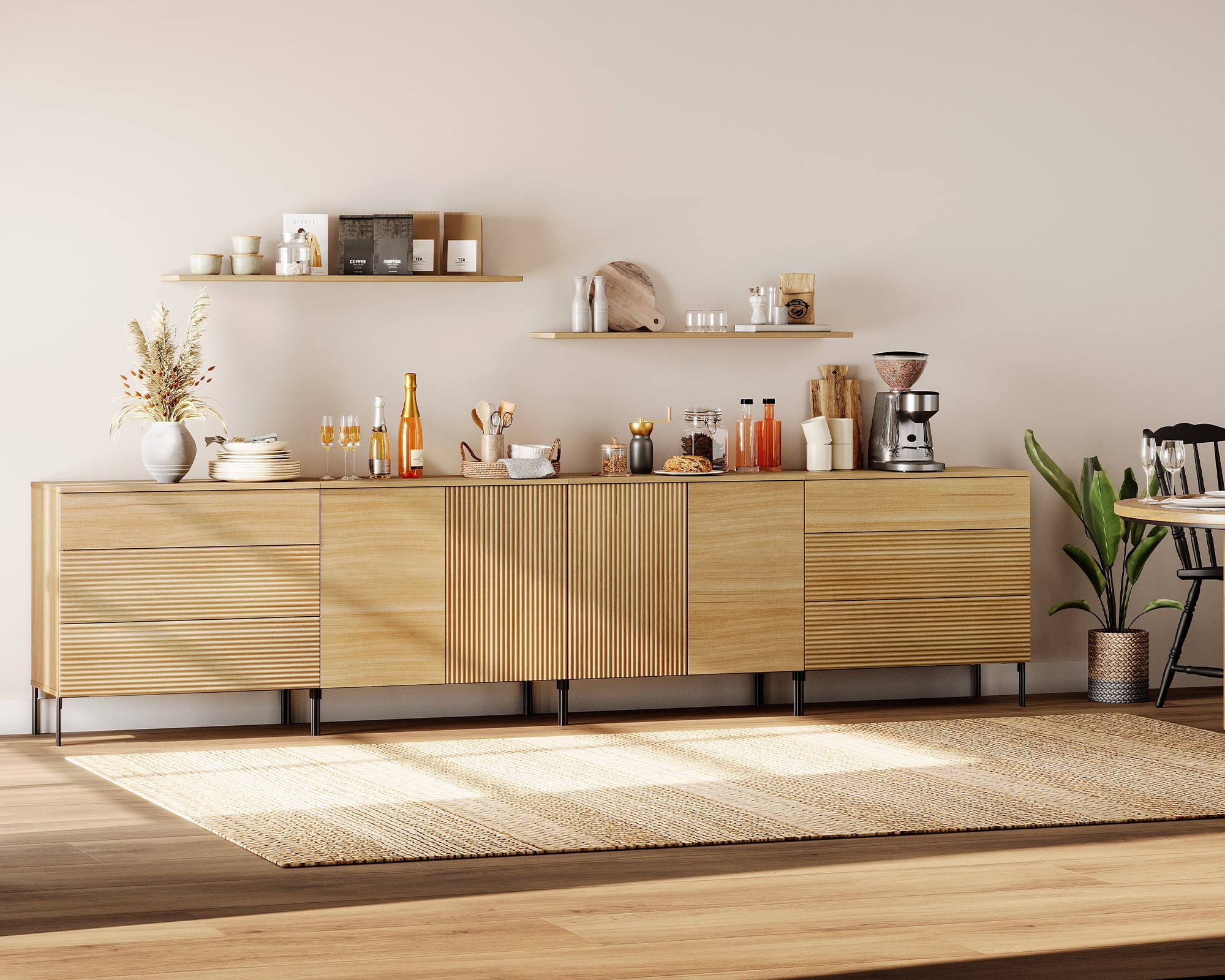126" Modern Reeded 4-Door Sideboard with Drawers, 4-In-1 Wooden Credenza Storage Cabinet for Kitchen, Dining Room