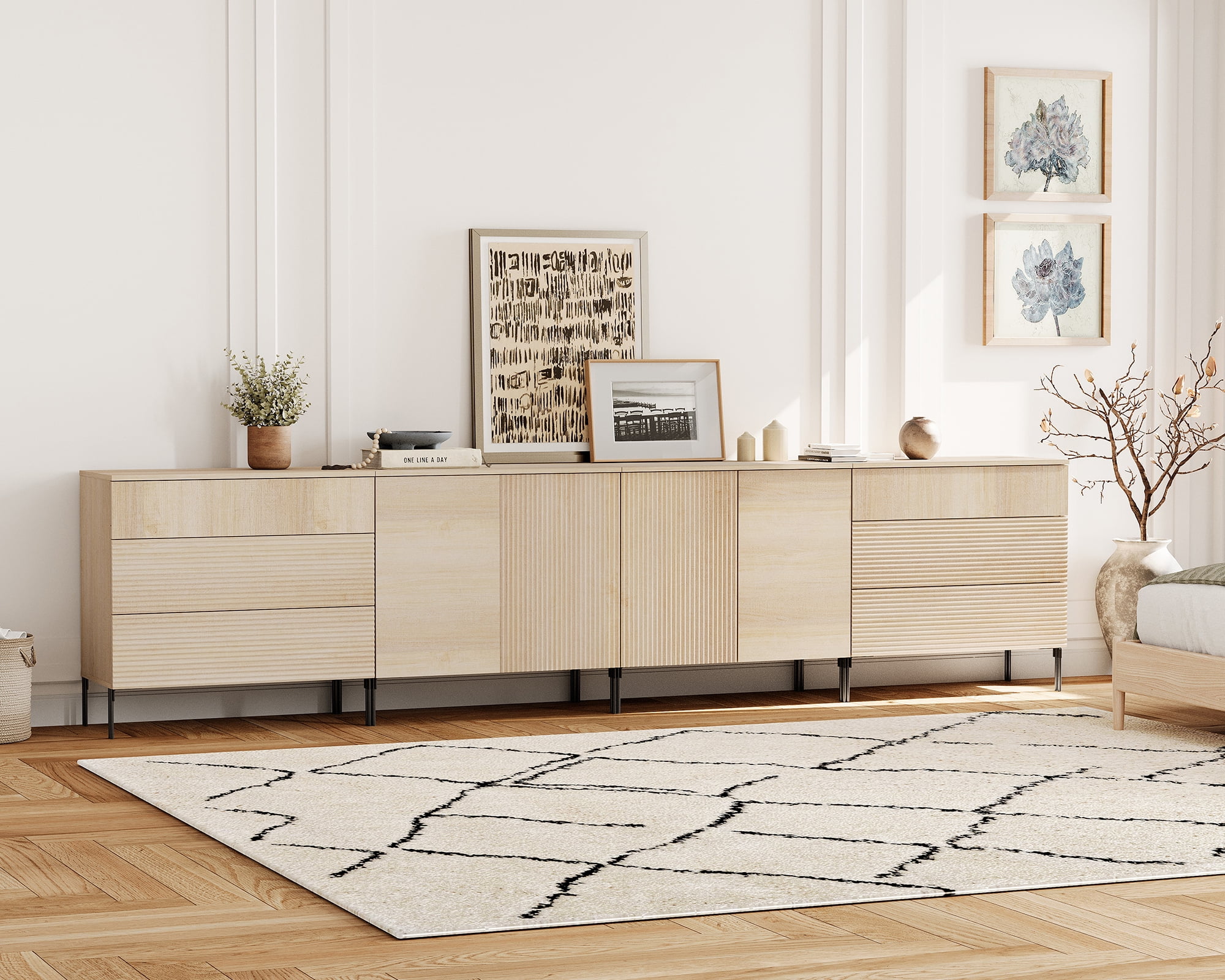126" Modern Reeded 6-Drawer Dresser Set for Bedroom, Minimalist Chest of Drawers with Storage, Wooden Dresser for Living Room, Bedroom, Entryway