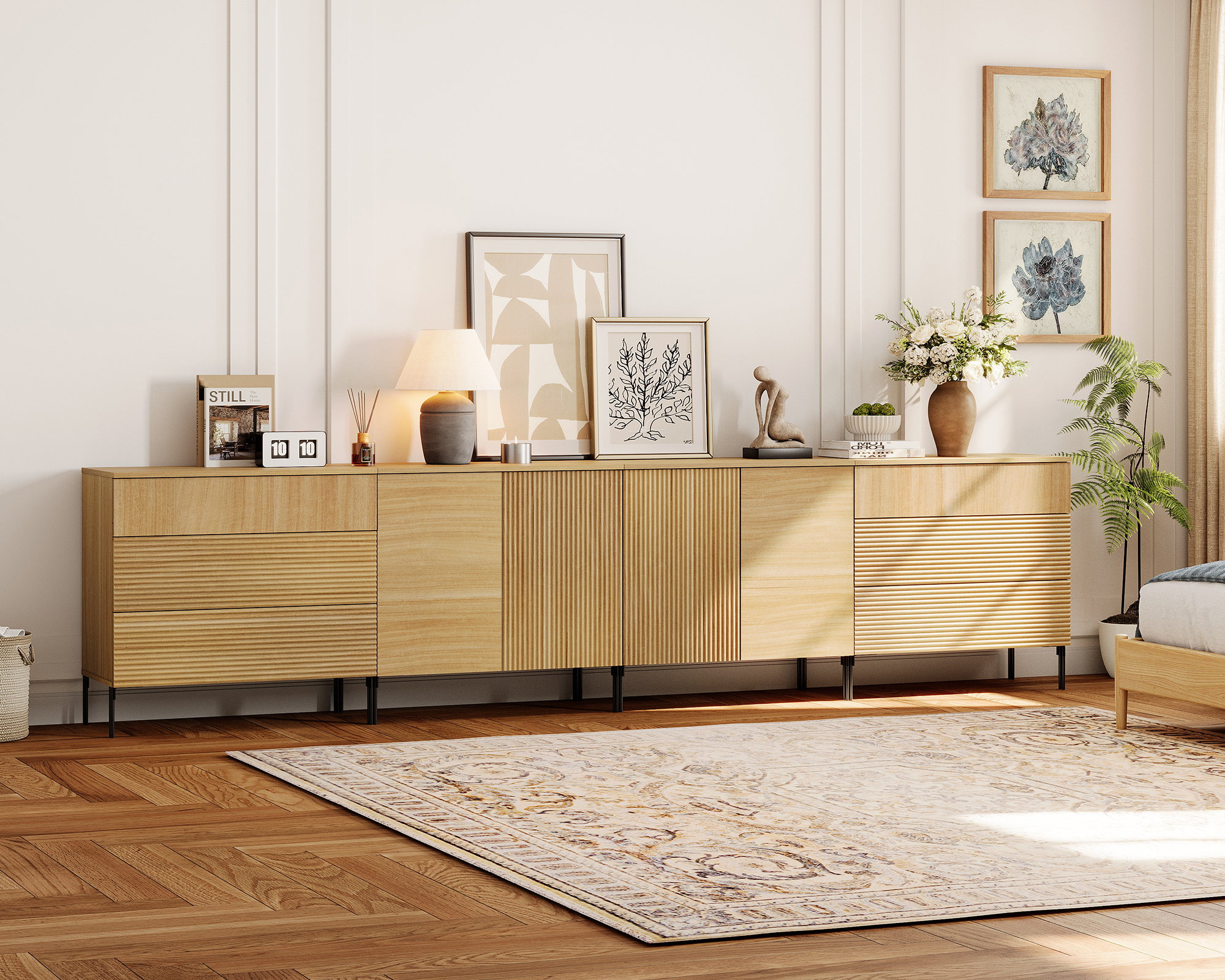 126" Modern Reeded 6-Drawer Dresser Set for Bedroom, Minimalist Chest of Drawers with Storage, Wooden Dresser for Living Room, Bedroom, Entryway