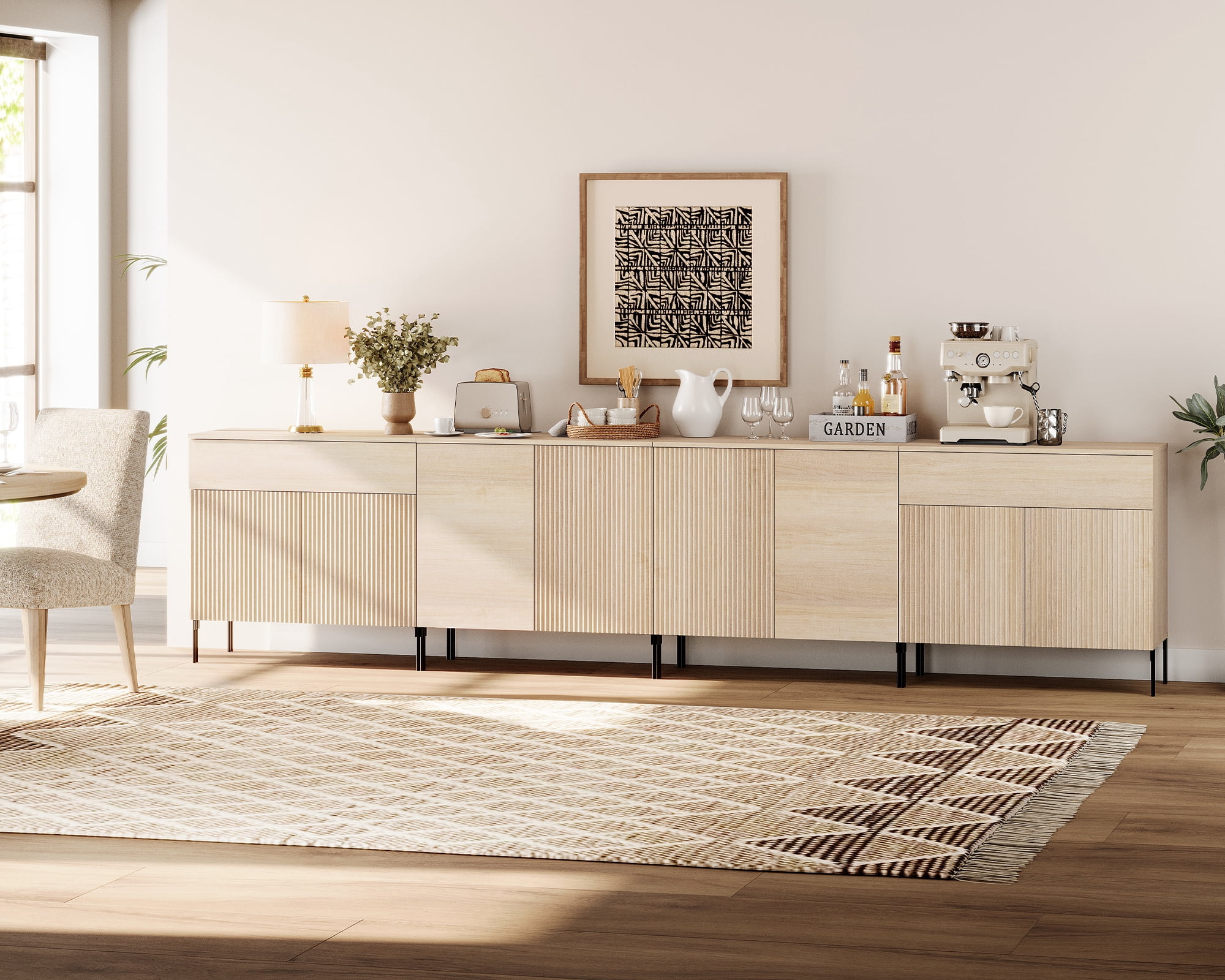 126" Modern Reeded 8-Door Sideboard with Drawers, 4-In-1 Wooden Credenza Storage Cabinet for Kitchen, Dining Room