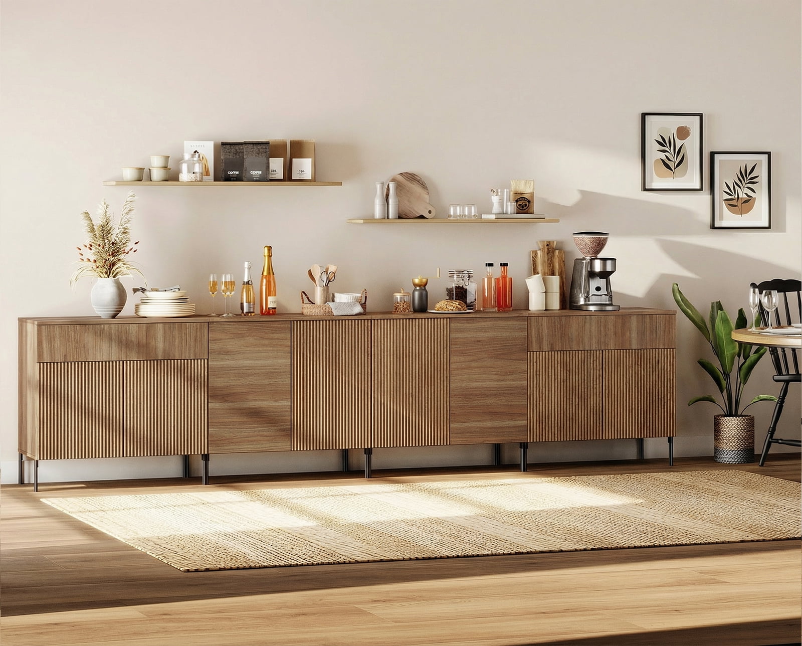 126" Modern Reeded 8-Door Sideboard with Drawers, 4-In-1 Wooden Credenza Storage Cabinet for Kitchen, Dining Room