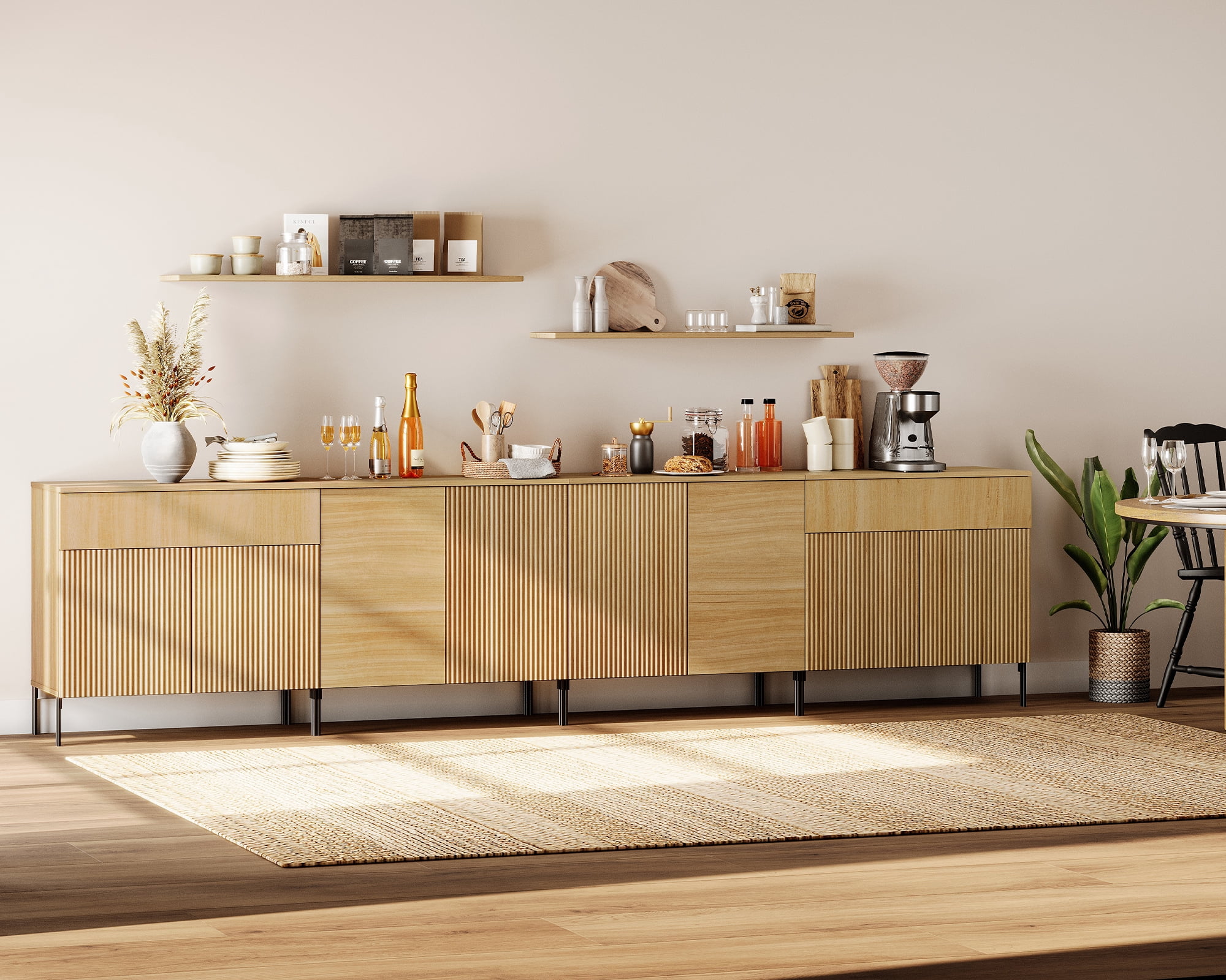 126" Modern Reeded 8-Door Sideboard with Drawers, 4-In-1 Wooden Credenza Storage Cabinet for Kitchen, Dining Room