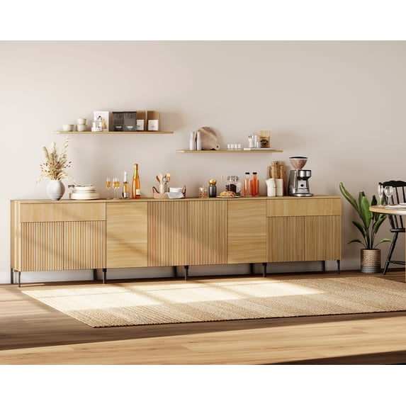 126" Modern Reeded 8-Door Sideboard with Drawers, 4-In-1 Wooden Credenza Storage Cabinet for Kitchen, Dining Room