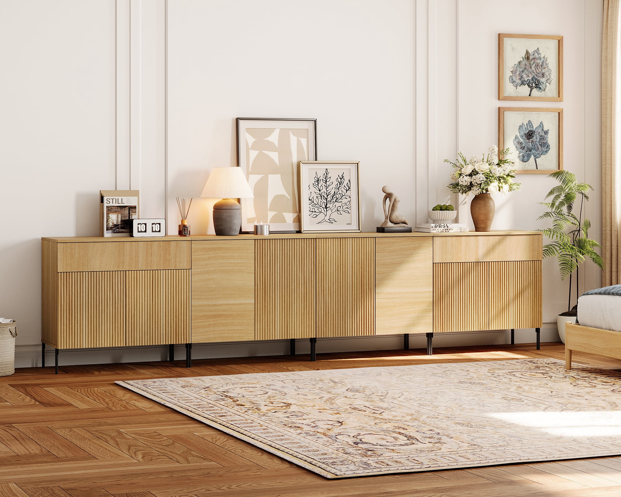 126" Modern Reeded Drawer Dresser Set with Doors for Bedroom, Minimalist Chest of Drawers with Storage, Wooden Dresser for Living Room, Bedroom, Entryway