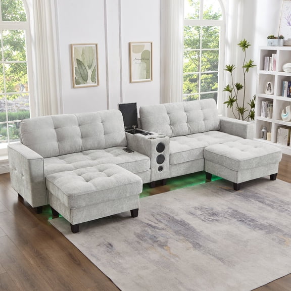 126" Modern Sectional Sofa with Bluetooth Speakers and LED Lights, Sectional Sofa Modular Sectional Couch with Movable Storage Ottomans and multifunctional Console for Living Room, Light Grey