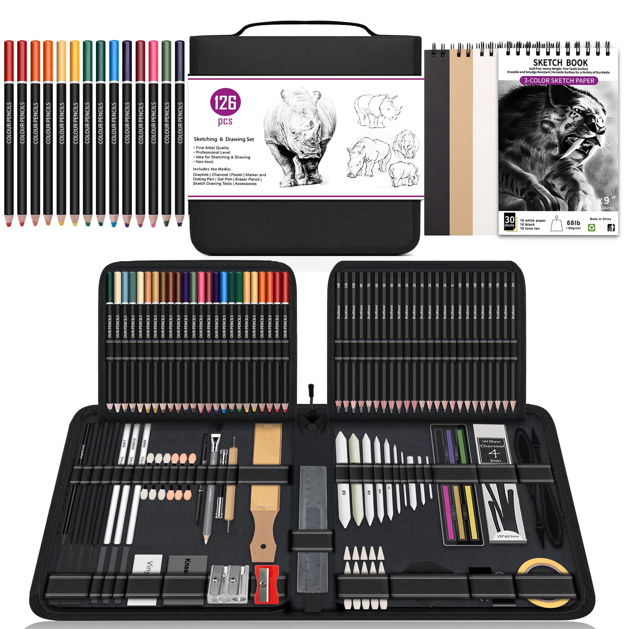 126 PCS Drawing Kit Sketching Pencil Set,Sketch Pencils Art Supplies with Sketchbook,Graphite,Charcoal,Blending Tools